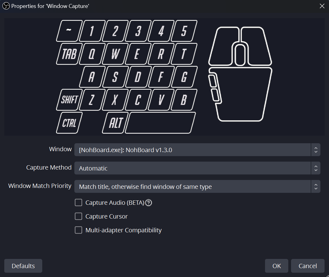 NohBoard settings with keyboard categories dropdown