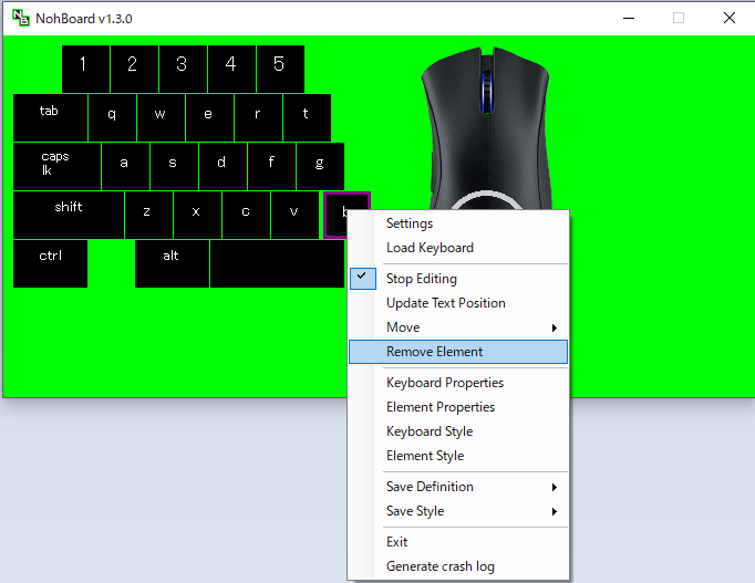 NohBoard element properties and settings panel